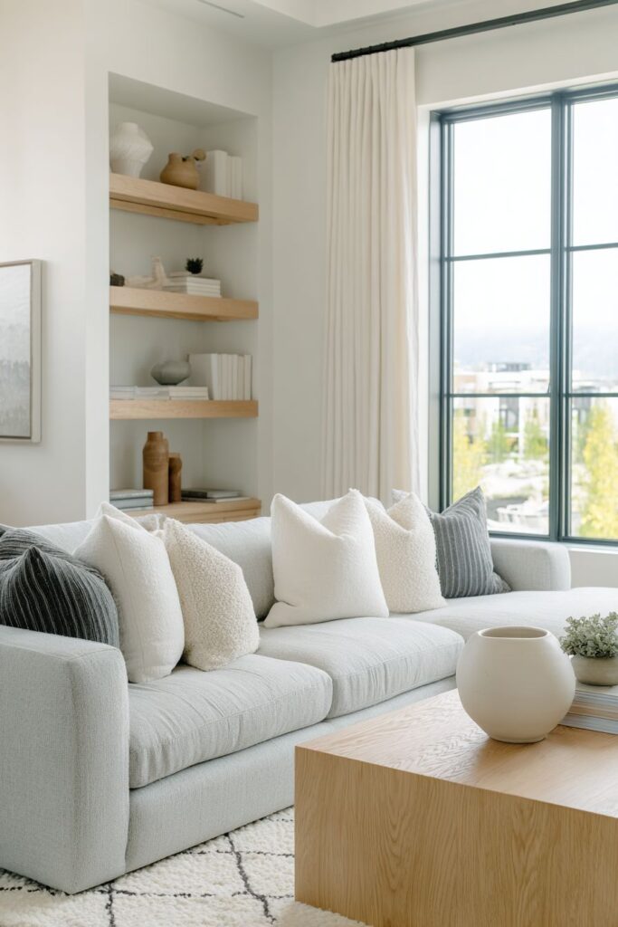 Light Oak Coffee Table Centerpiece with Geometric Wool Rugs