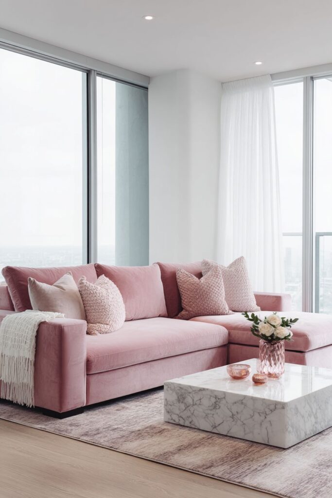Modern Pink Elegance with Blush Velvet Sectional