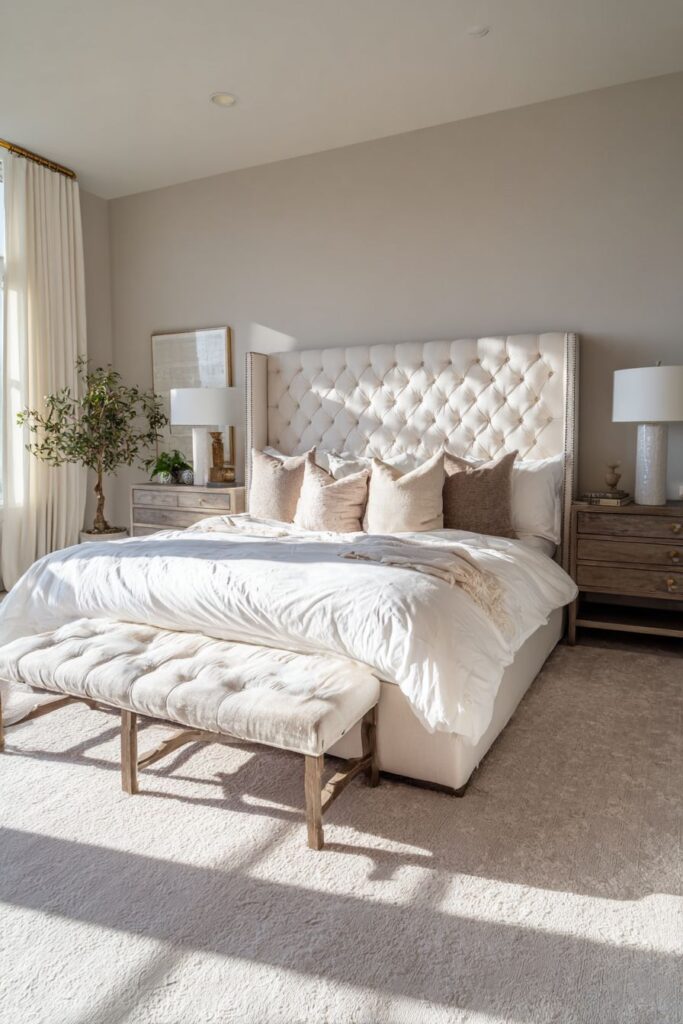 Luxurious Upholstered Elegance with Tufted Taupe Headboard