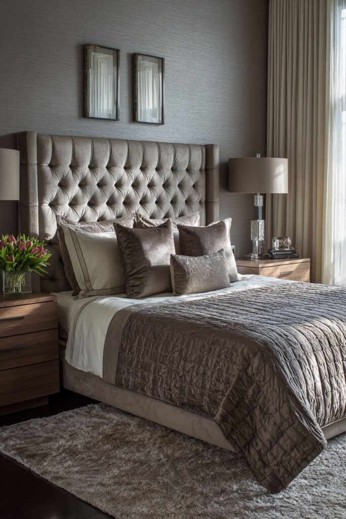 Luxurious Upholstered Elegance with Tufted Taupe Headboard