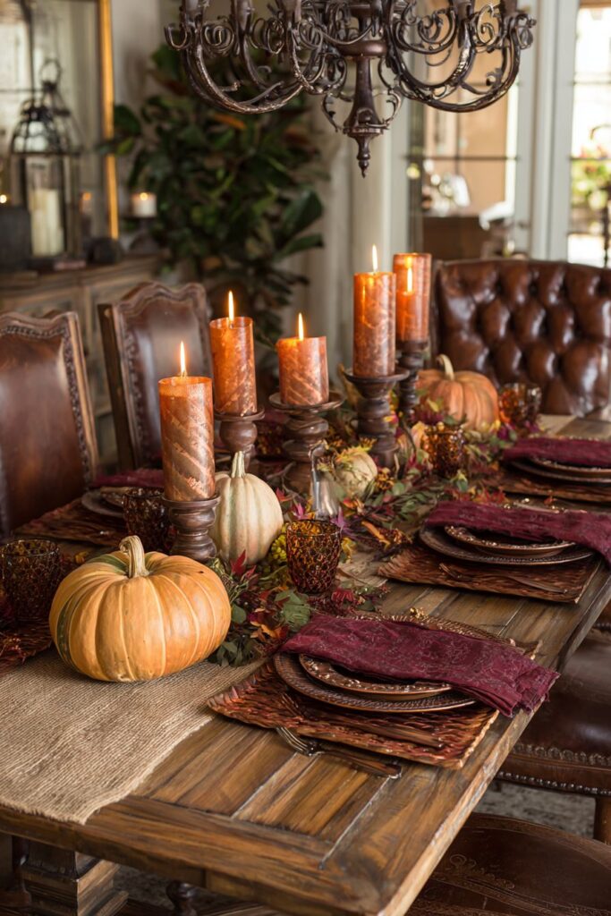 Rustic Wooden Harvest Table with Copper Accents