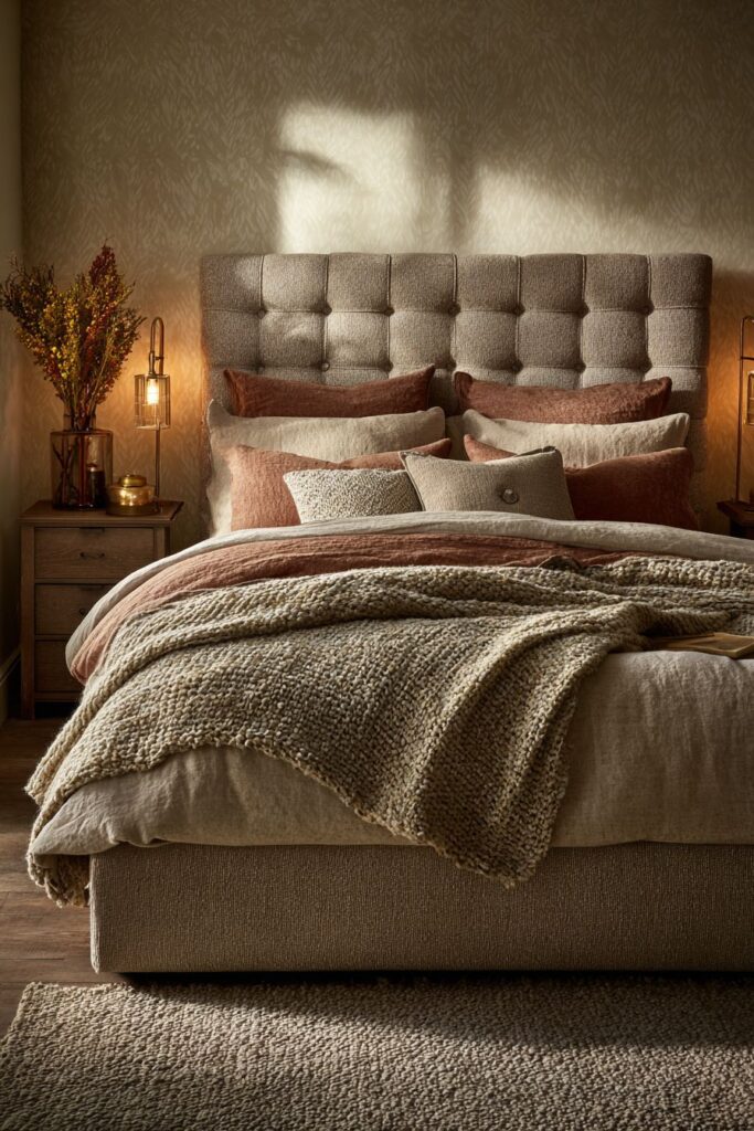 Plush Terracotta Bedroom with Tufted Elegance