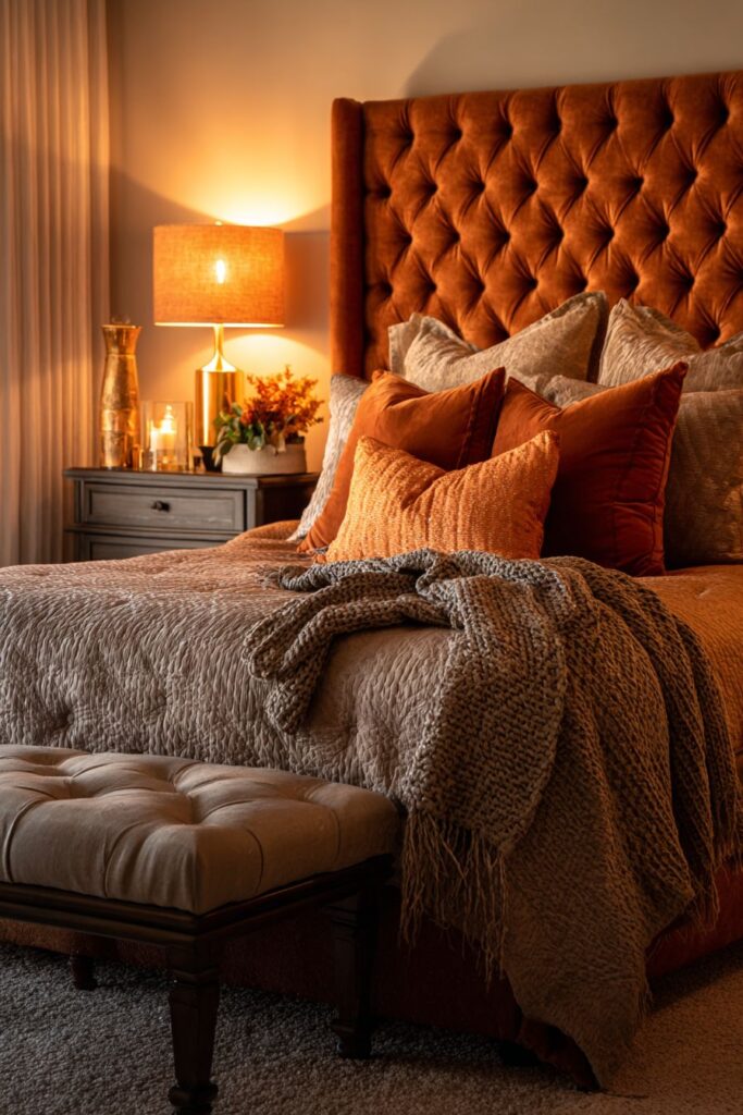 Plush Terracotta Bedroom with Tufted Elegance