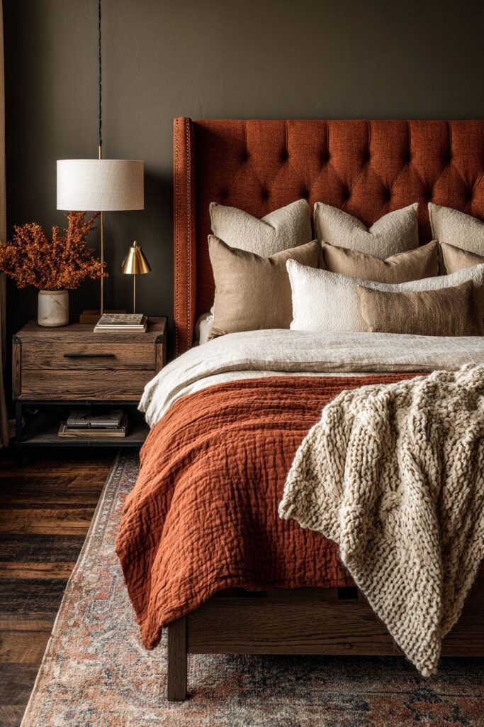 Plush Terracotta Bedroom with Tufted Elegance