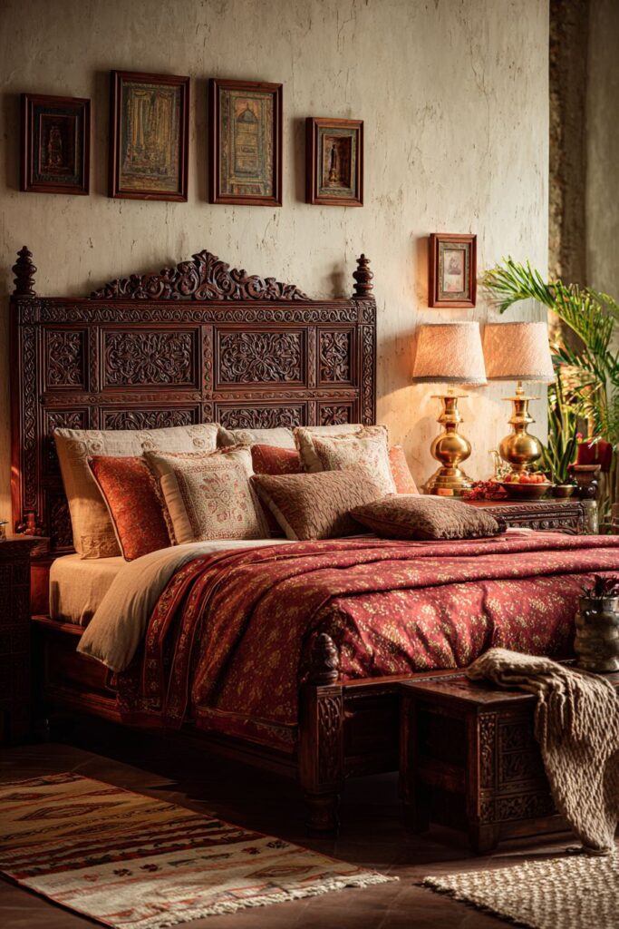 Traditional Indian Bedroom with Hand-Carved Rosewood Elegance