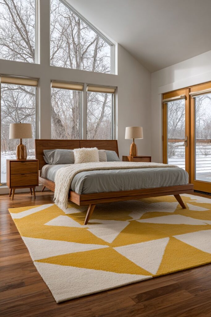 Walnut Platform Bed With Geometric Textiles