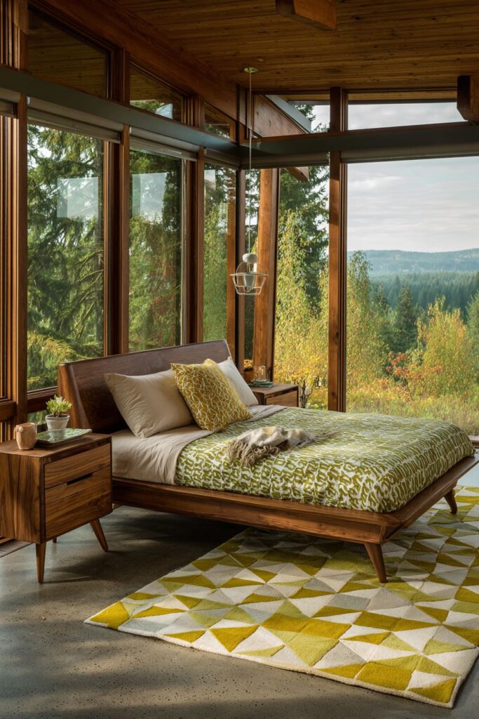 Walnut Platform Bed With Geometric Textiles