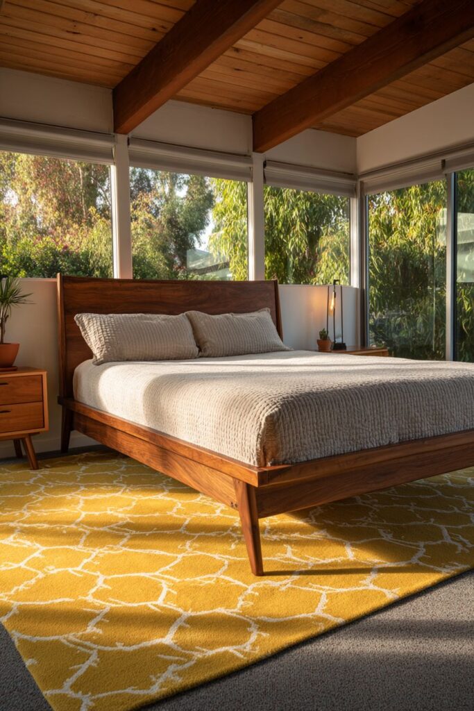 Walnut Platform Bed With Geometric Textiles