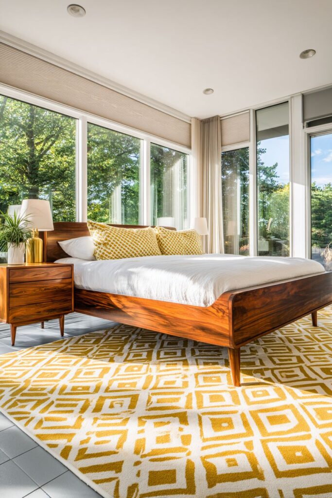 Walnut Platform Bed With Geometric Textiles