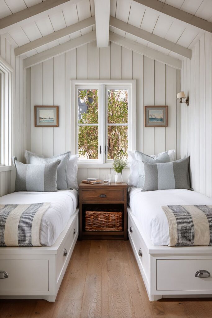 L-Shaped Twin Bed Configuration with Built-In Storage