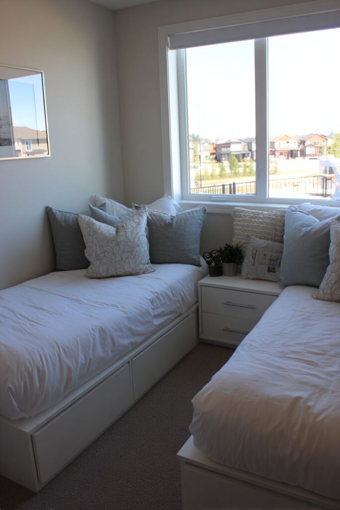 L-Shaped Twin Bed Configuration with Built-In Storage