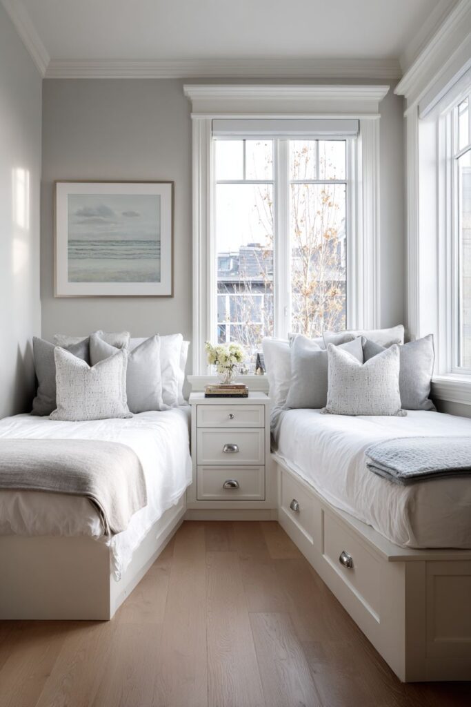 L-Shaped Twin Bed Configuration with Built-In Storage