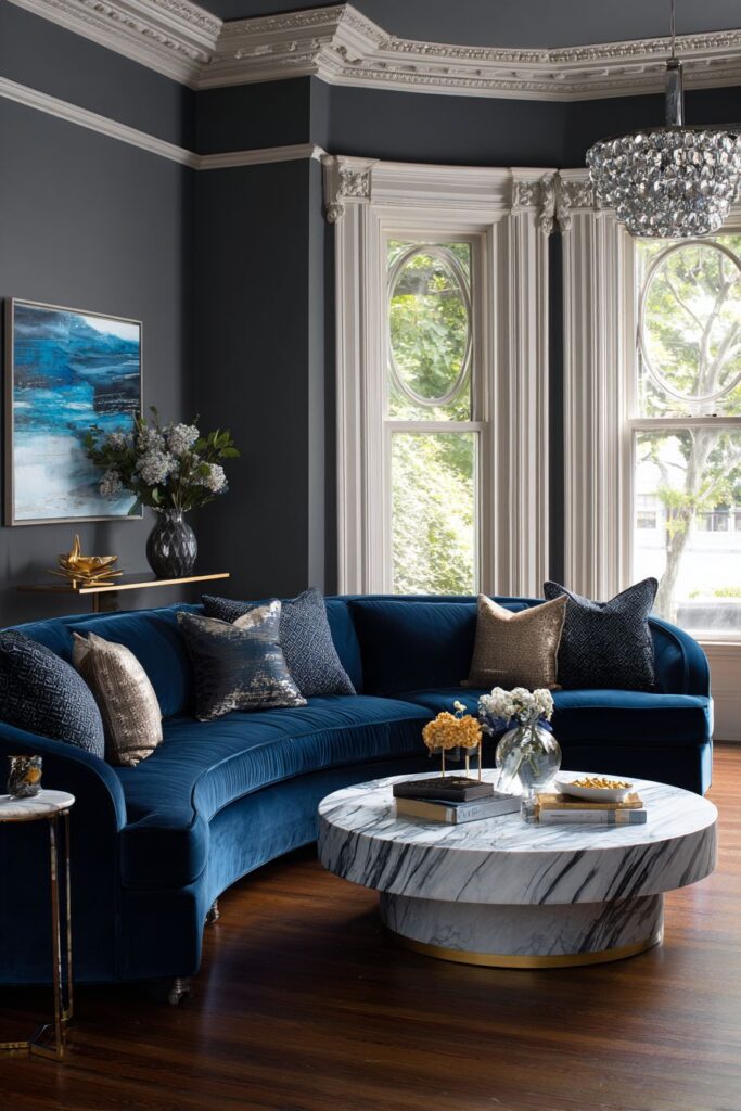 Luxe Living: Curved Sapphire Velvet Statement