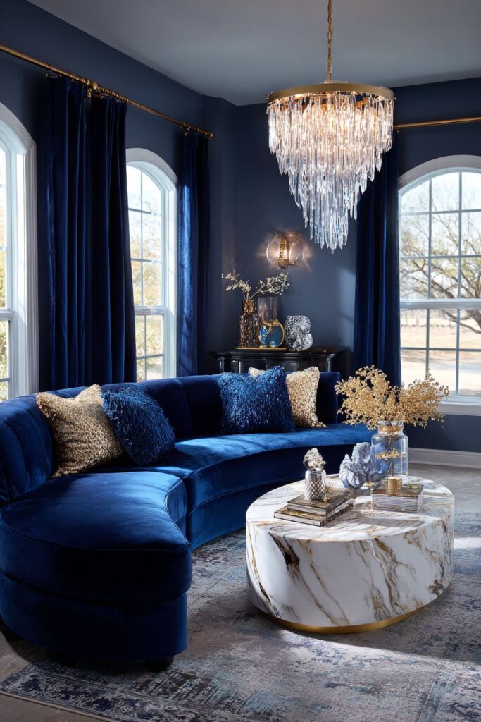 Luxe Living: Curved Sapphire Velvet Statement
