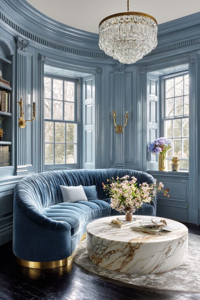 Luxe Living: Curved Sapphire Velvet Statement