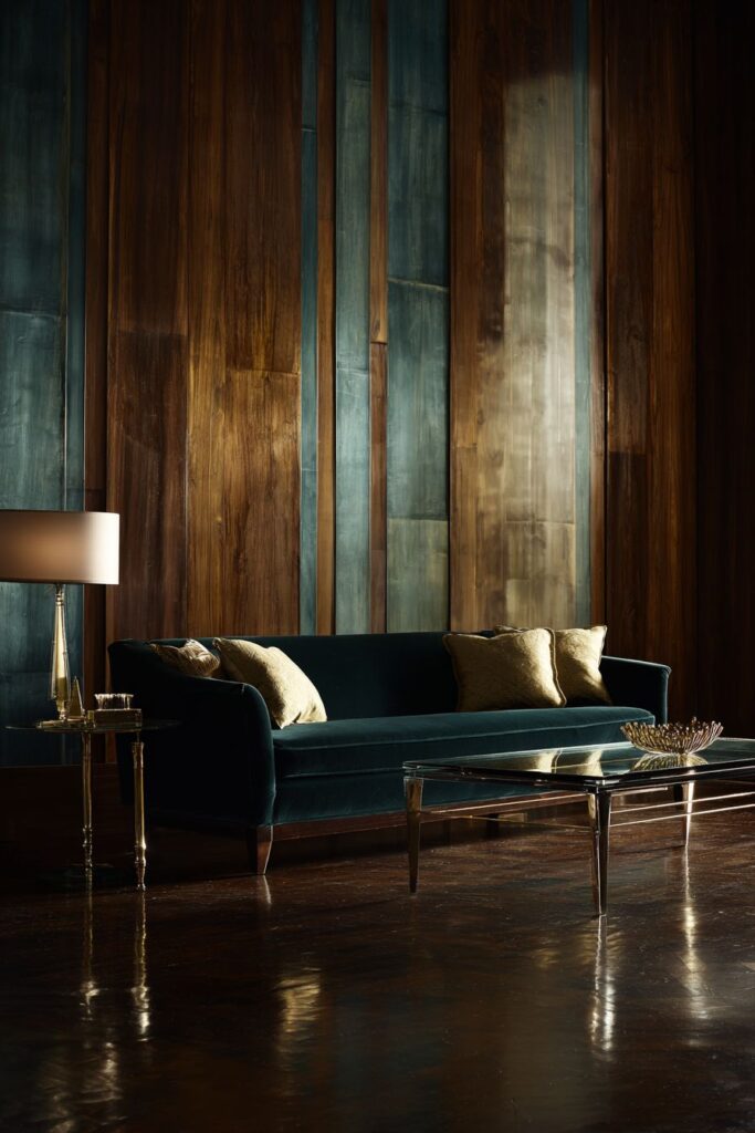 Vertical Wood Slats with Forest Green Velvet