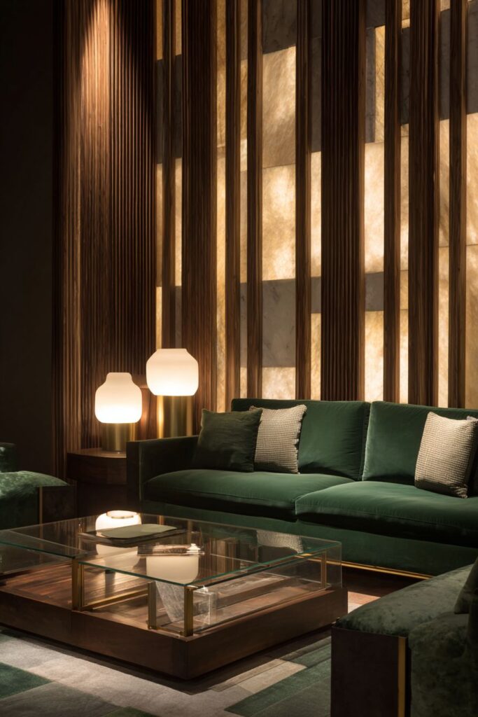 Vertical Wood Slats with Forest Green Velvet