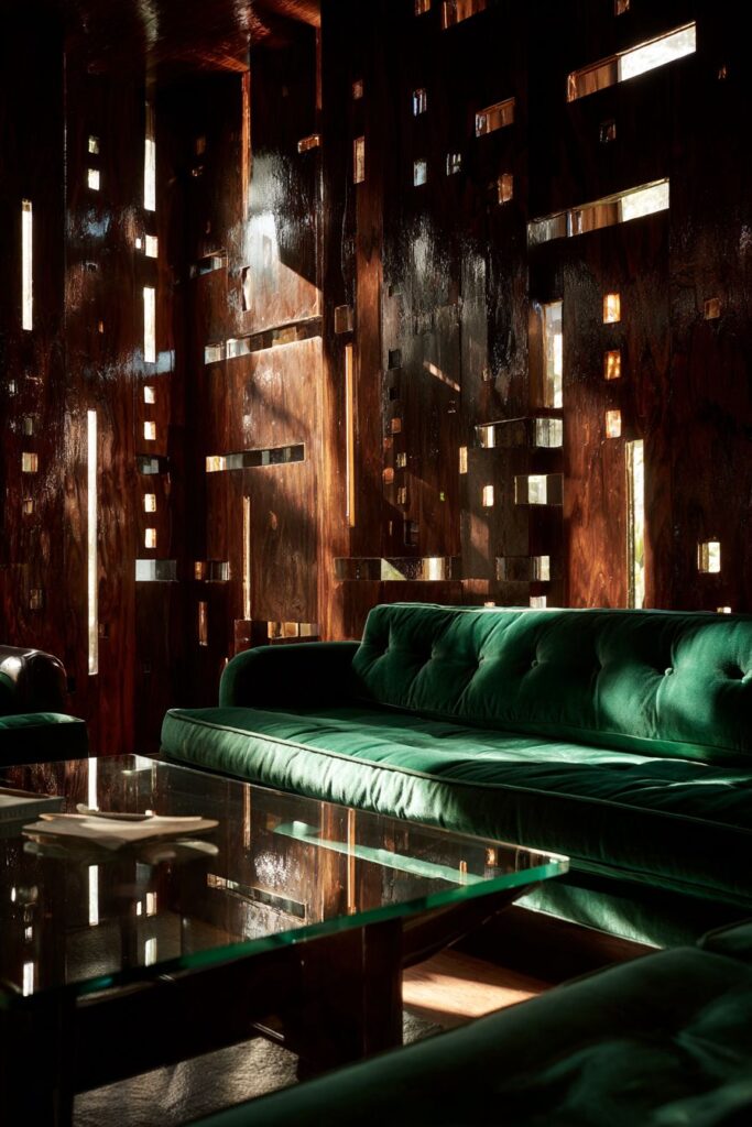 Vertical Wood Slats with Forest Green Velvet