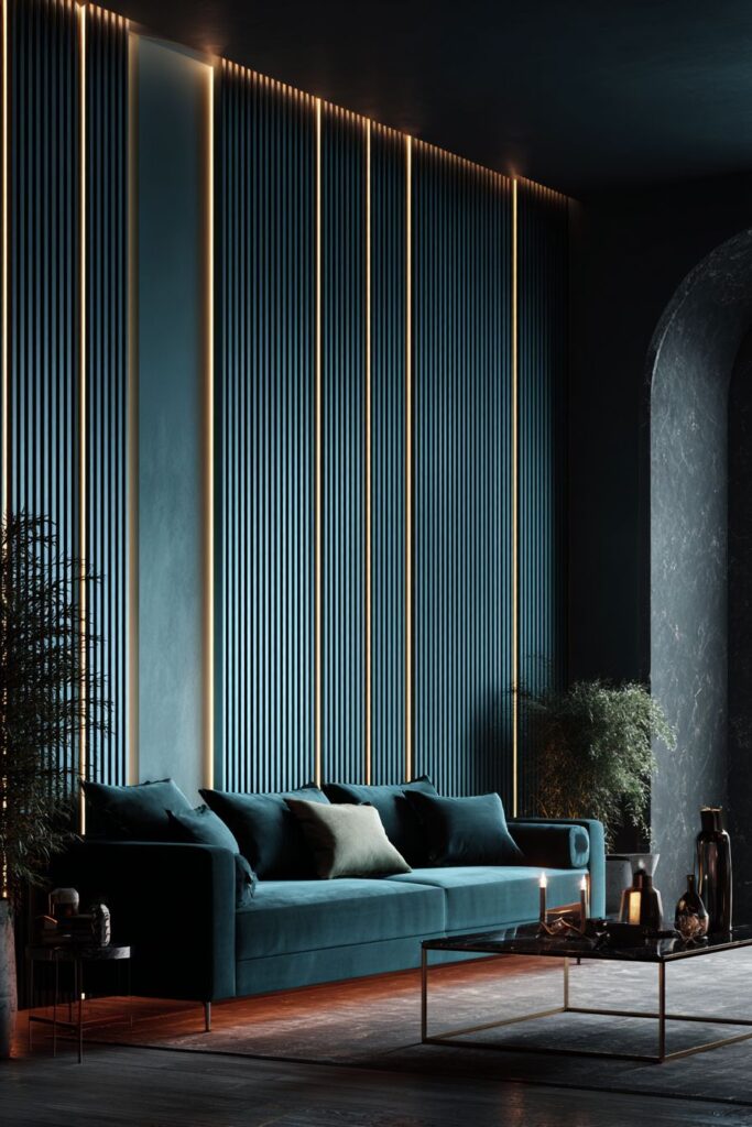 Vertical Wood Slats with Forest Green Velvet