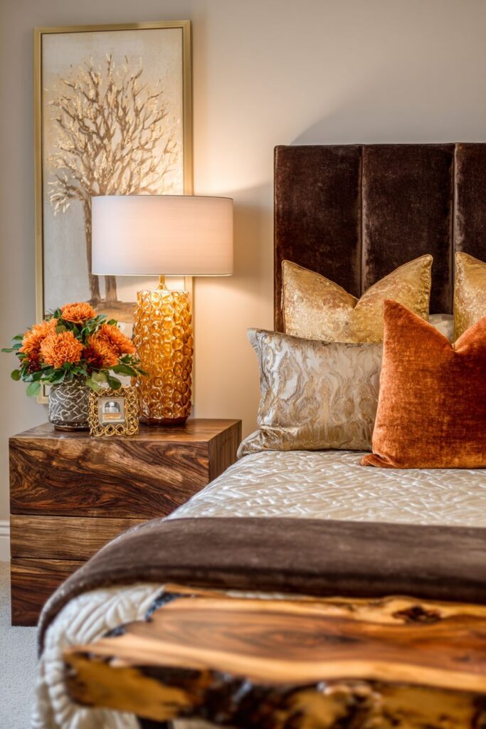Luxurious Velvet Headboard with Live-Edge Wood Warmth