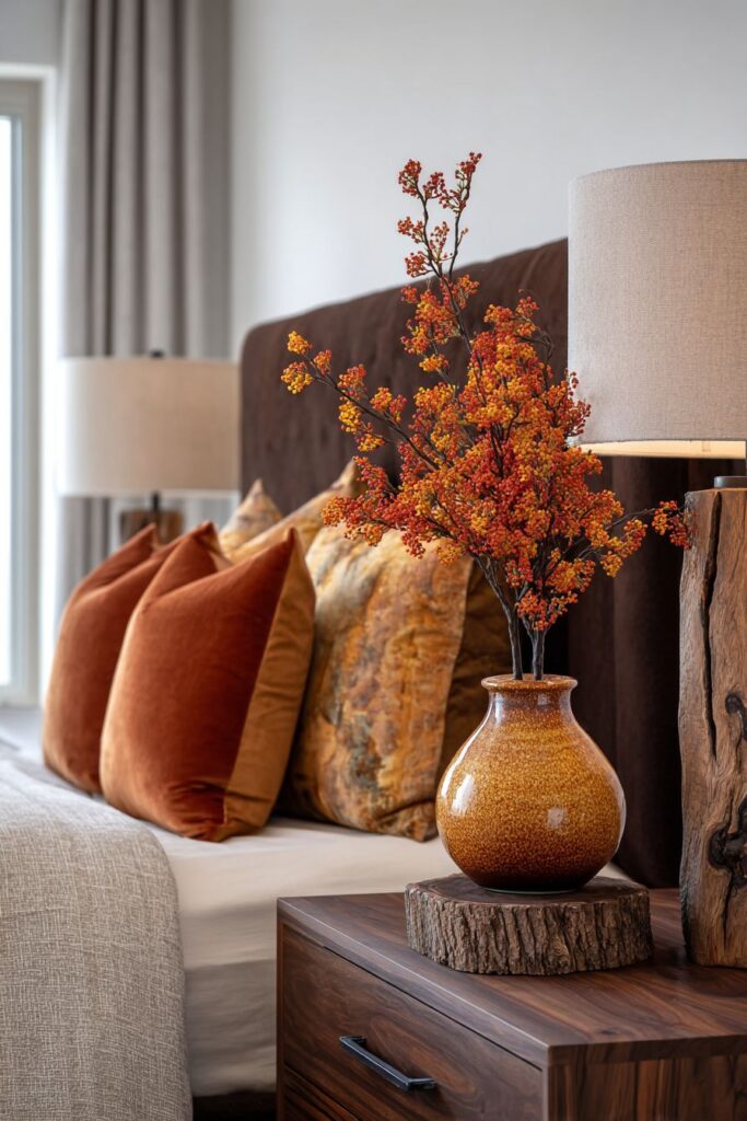 Luxurious Velvet Headboard with Live-Edge Wood Warmth