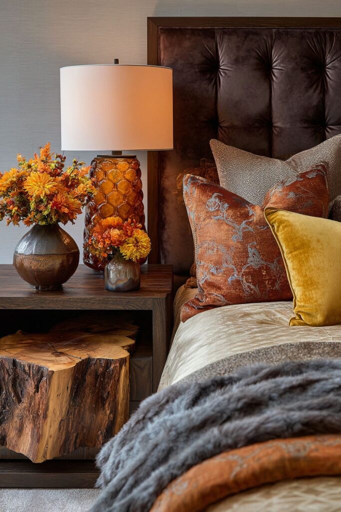 Luxurious Velvet Headboard with Live-Edge Wood Warmth