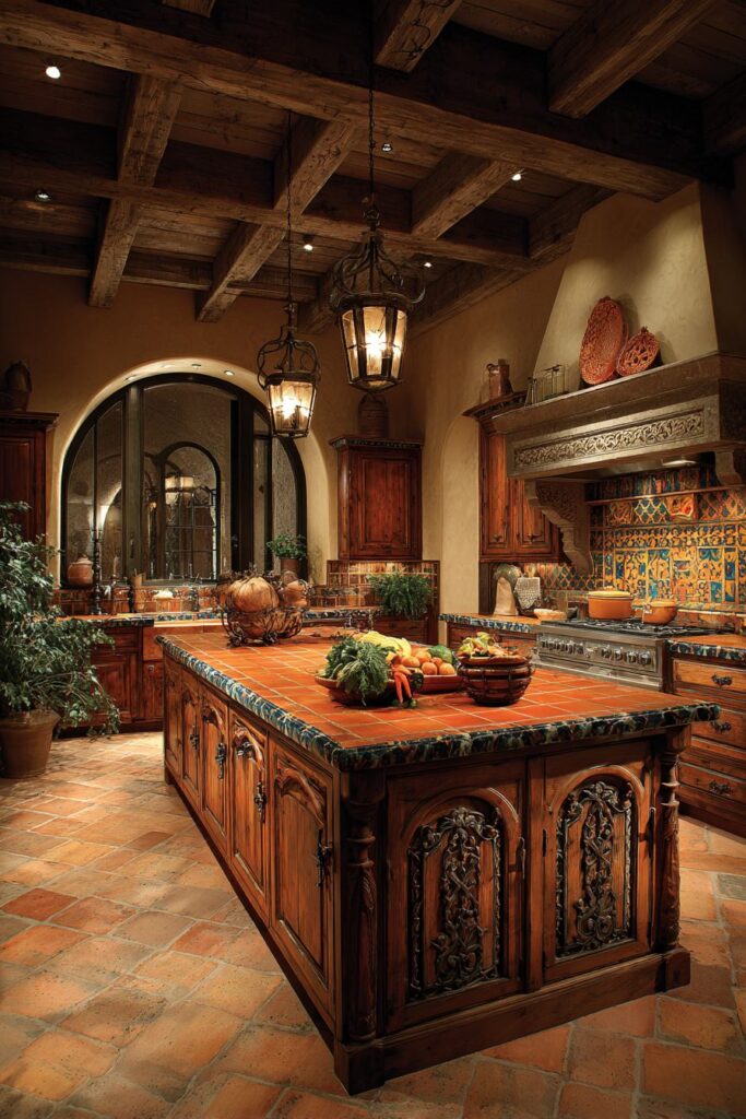 Mediterranean Kitchen with Terra Cotta and Wrought Iron Island