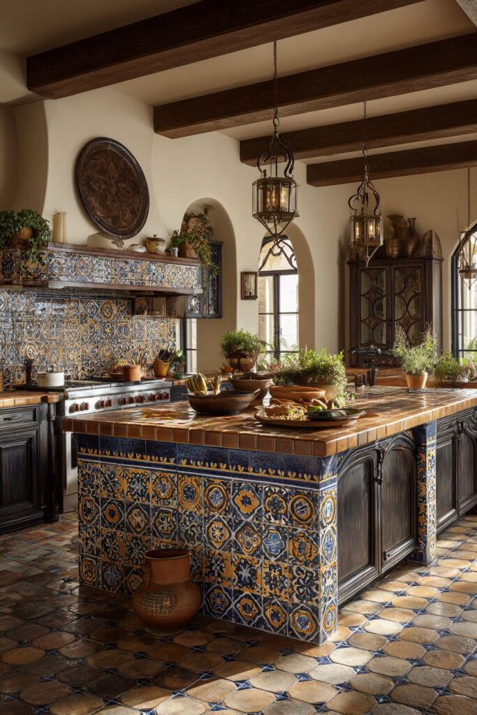 Mediterranean Kitchen with Terra Cotta and Wrought Iron Island