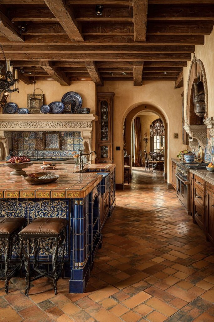 Mediterranean Kitchen with Terra Cotta and Wrought Iron Island