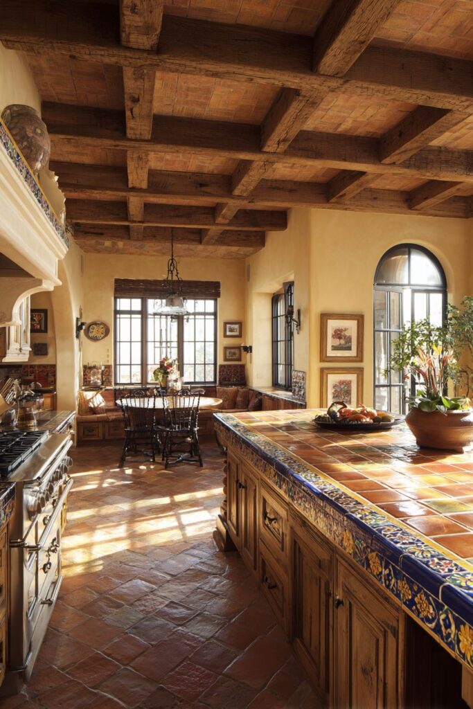 Mediterranean Kitchen with Terra Cotta and Wrought Iron Island