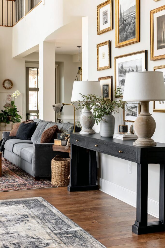 Gallery Wall Artistry with Walnut Console Elegance