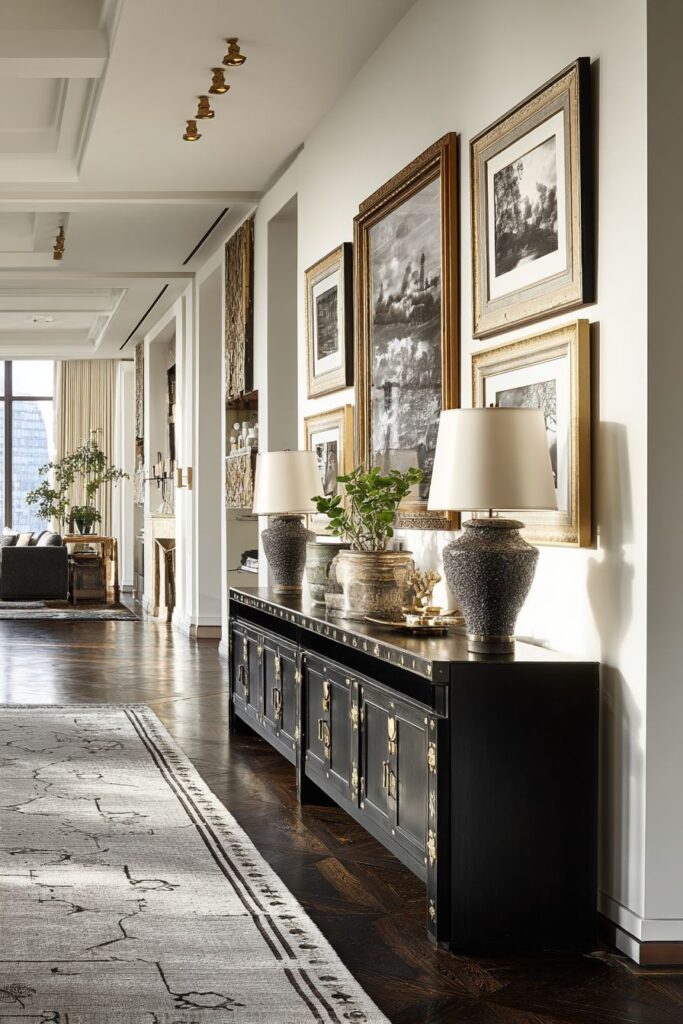 Gallery Wall Artistry with Walnut Console Elegance