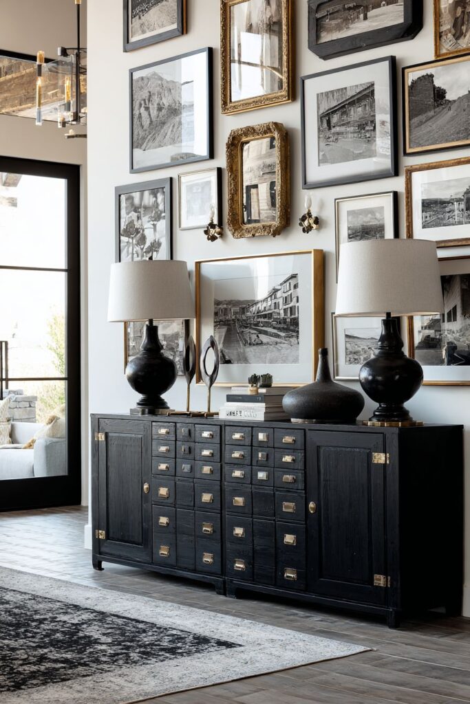 Gallery Wall Artistry with Walnut Console Elegance