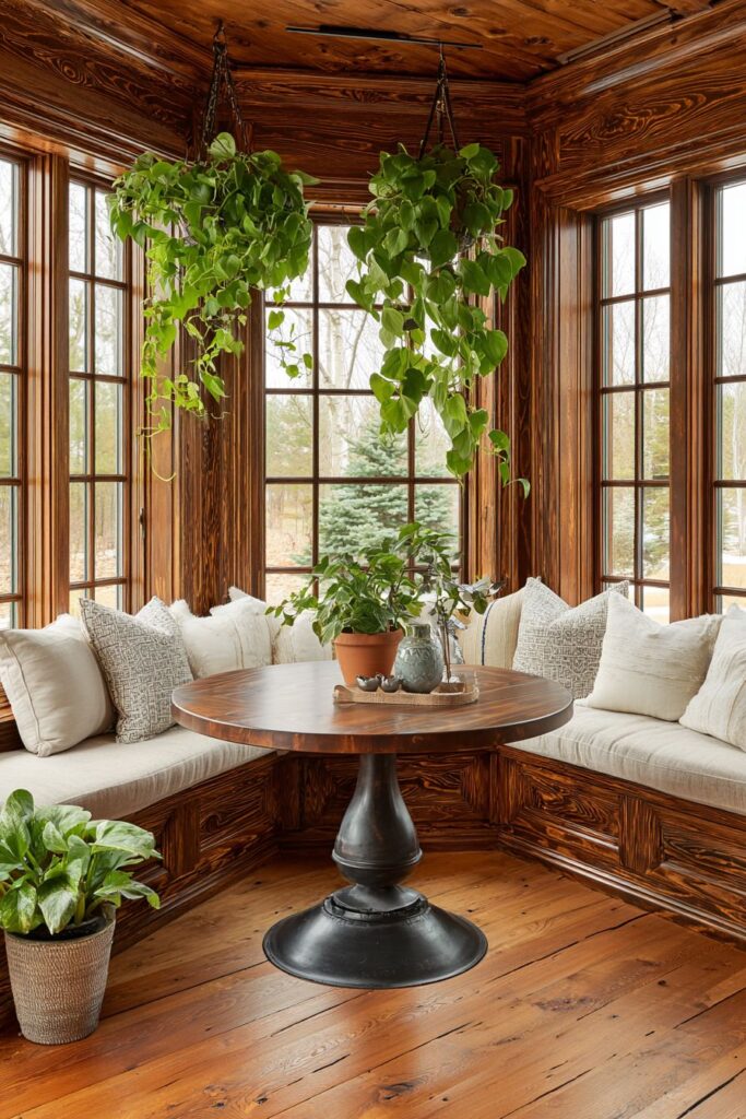 Window Seat Nook with Burled Walnut Round Table