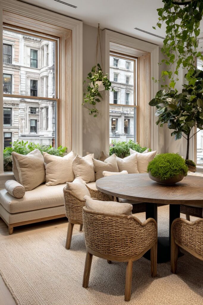 Window Seat Nook with Burled Walnut Round Table