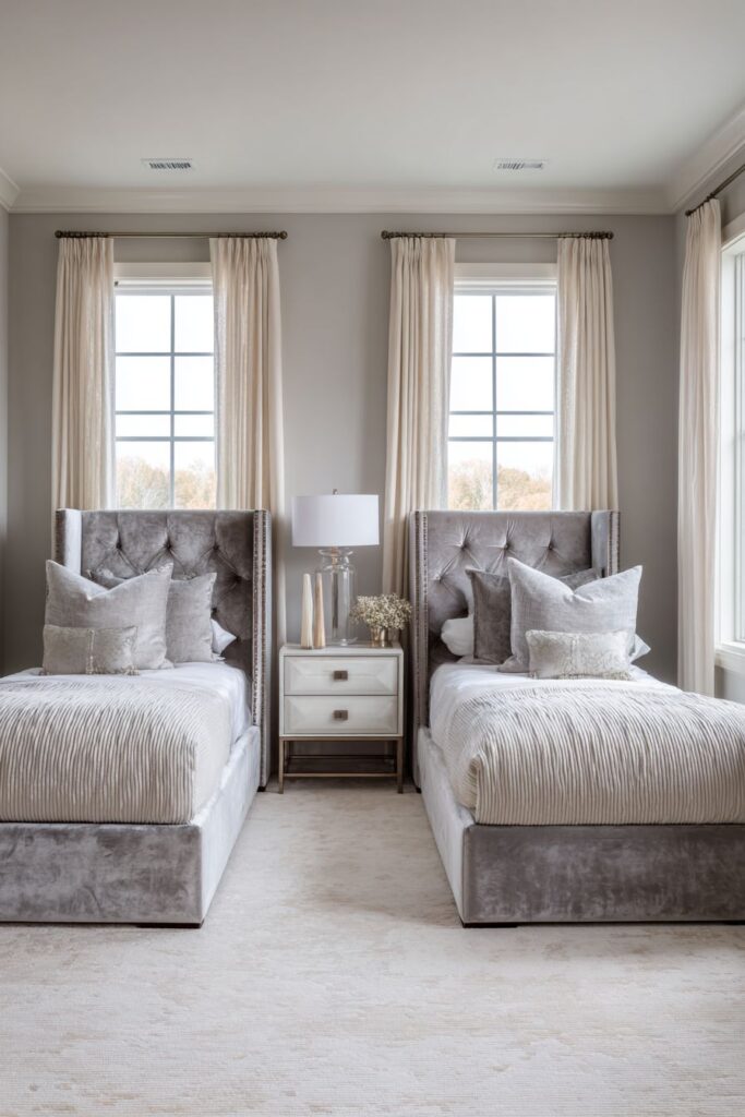 SYMMETRICAL SOPHISTICATED VELVET TWIN BEDROOM