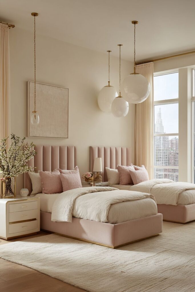 SYMMETRICAL SOPHISTICATED VELVET TWIN BEDROOM