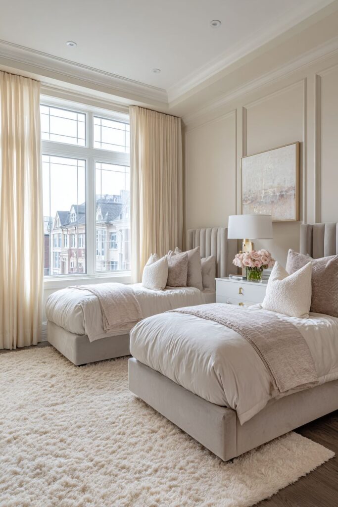 SYMMETRICAL SOPHISTICATED VELVET TWIN BEDROOM