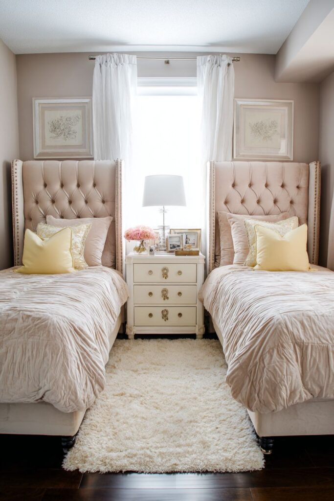SYMMETRICAL SOPHISTICATED VELVET TWIN BEDROOM