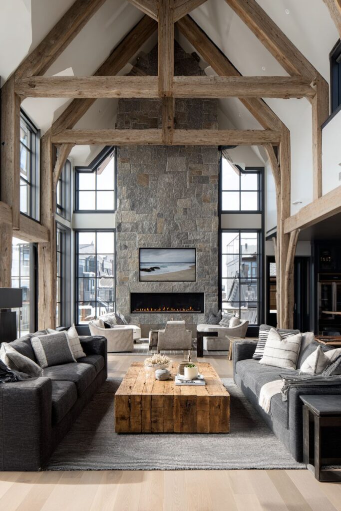 Cathedral Ceiling Rustic Drama with Stone Accent