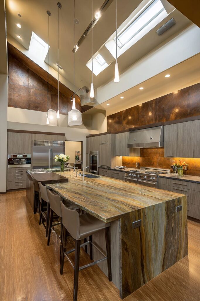 Copper Accent Wall with Multi-Functional Island Design