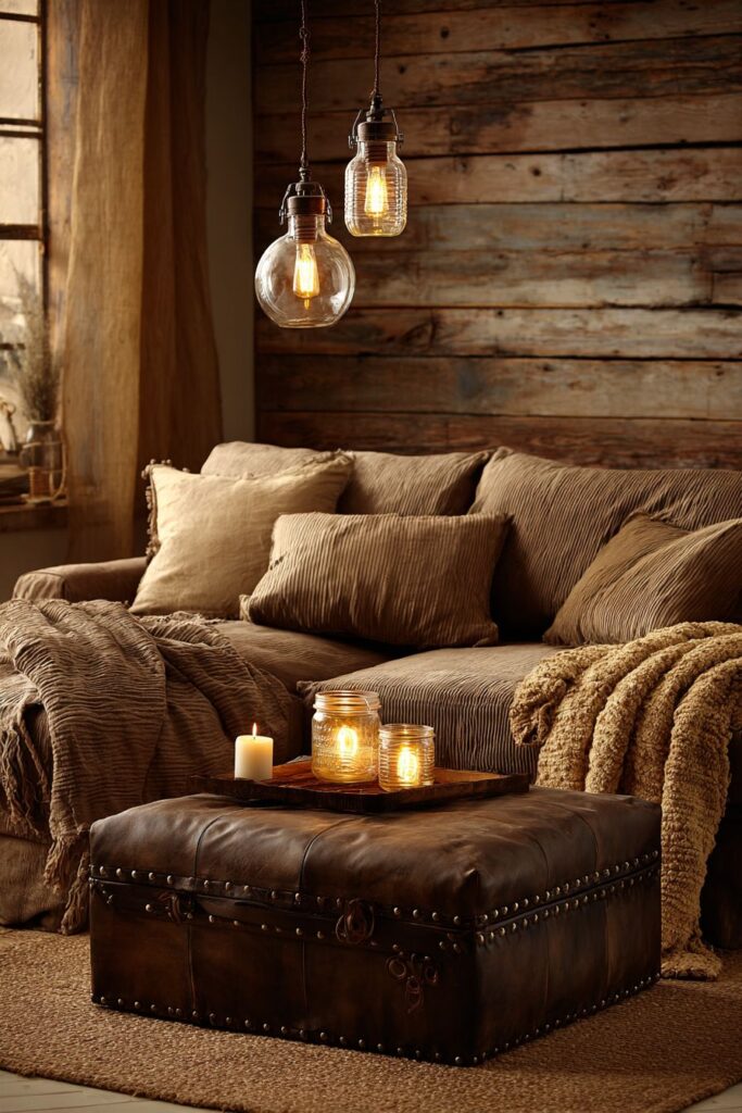 Farmhouse Brown Living with Rustic Comfort Elements