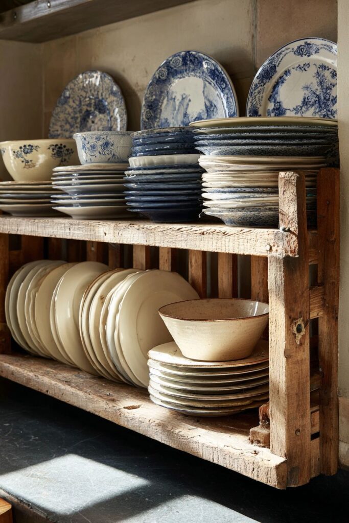 Farm-Style Plate Rack with Vintage Dishware