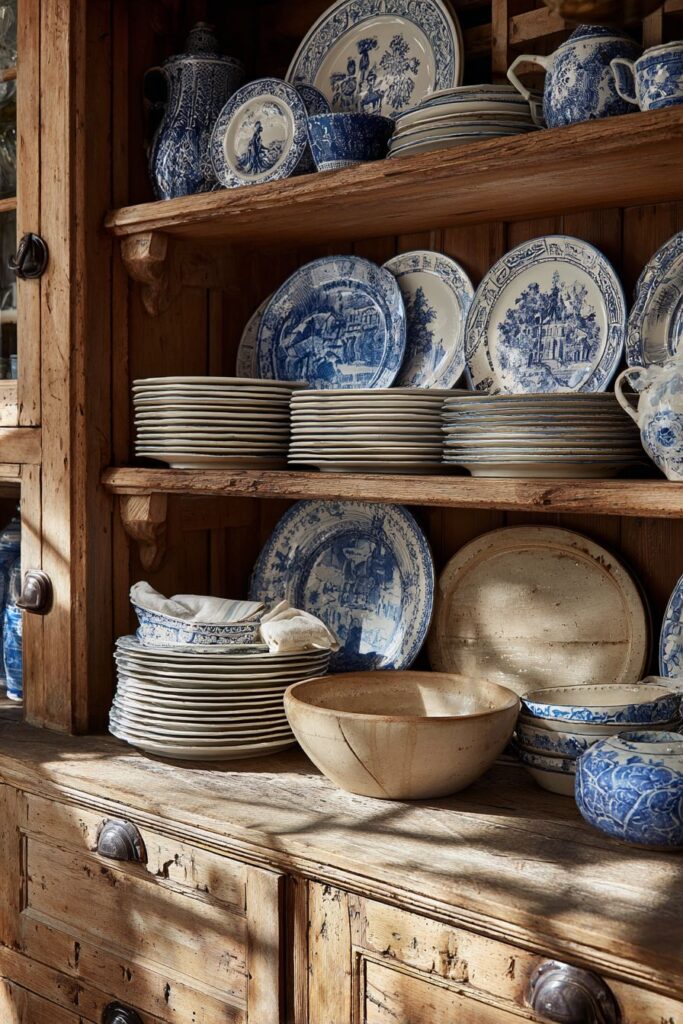 Farm-Style Plate Rack with Vintage Dishware