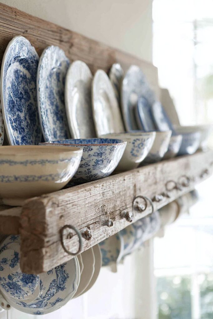 Farm-Style Plate Rack with Vintage Dishware