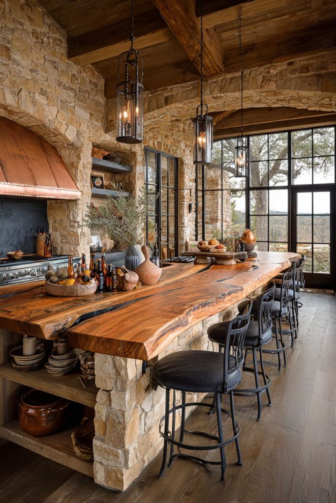 Rustic Kitchen with Live-Edge Wood and Stone Veneer Island
