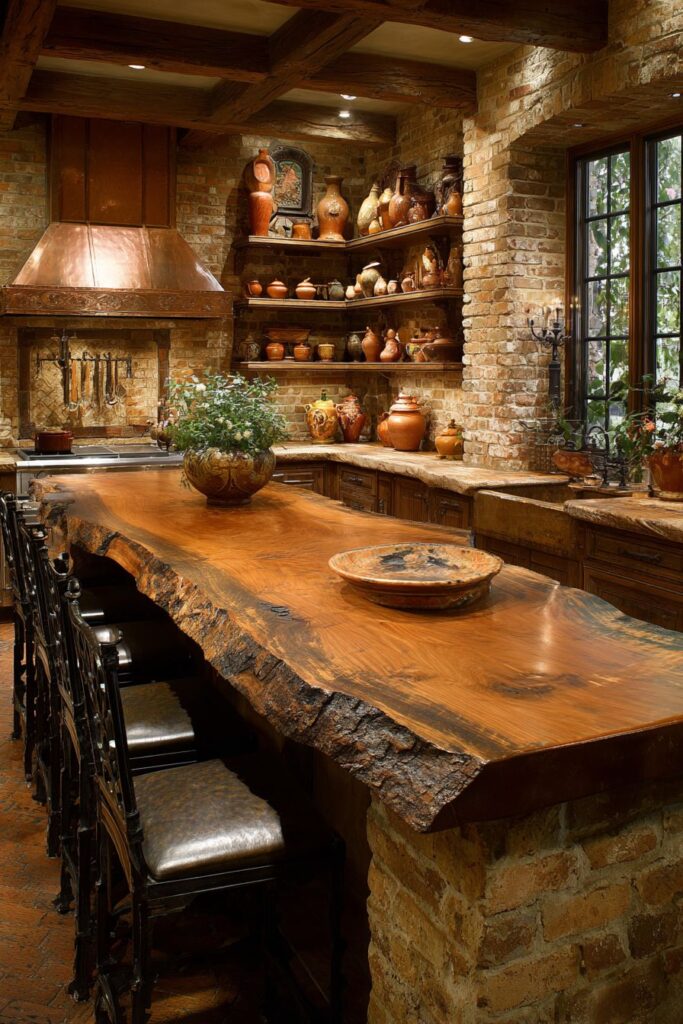 Rustic Kitchen with Live-Edge Wood and Stone Veneer Island