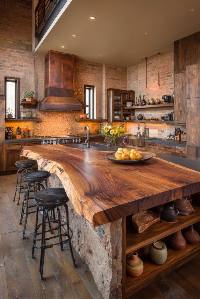 Rustic Kitchen with Live-Edge Wood and Stone Veneer Island