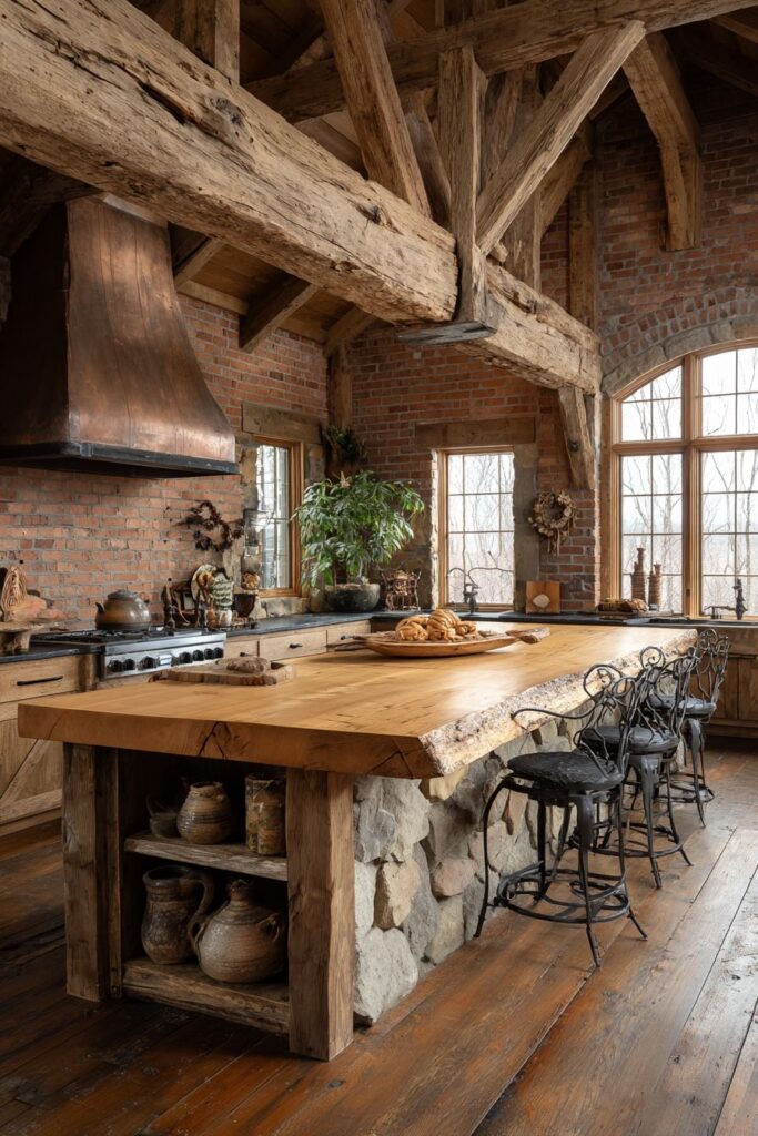 Rustic Kitchen with Live-Edge Wood and Stone Veneer Island