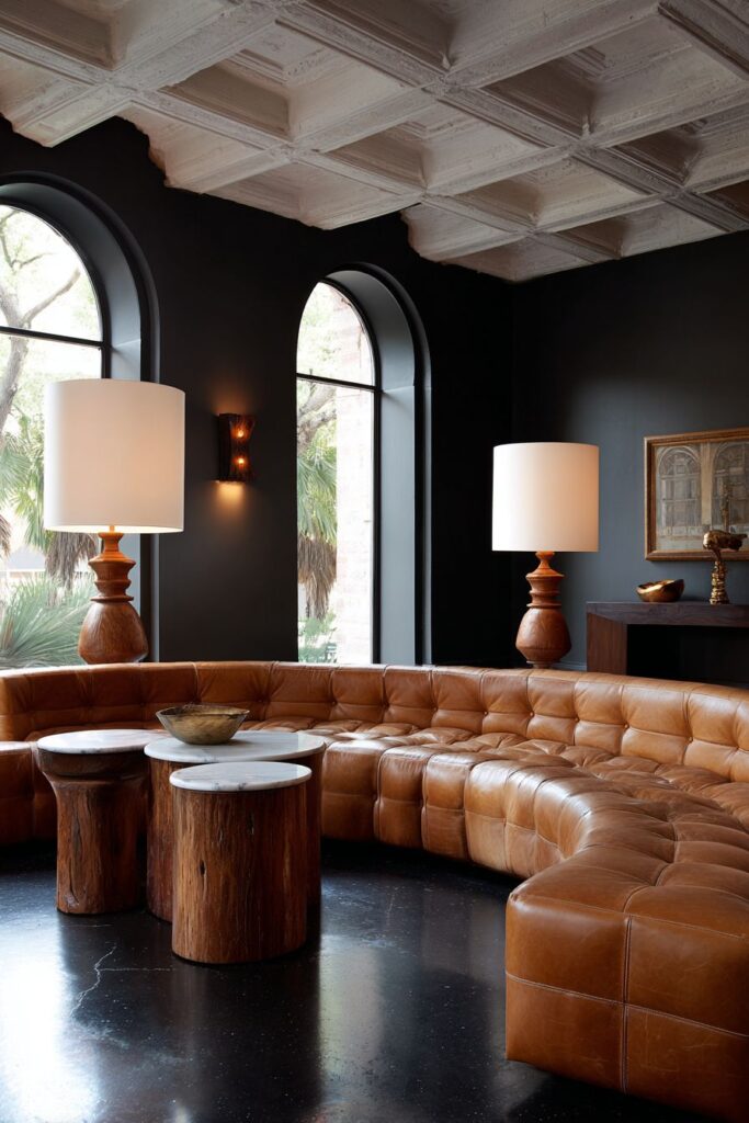 Curved Cognac Leather Statement with Coffered Ceiling Contrast